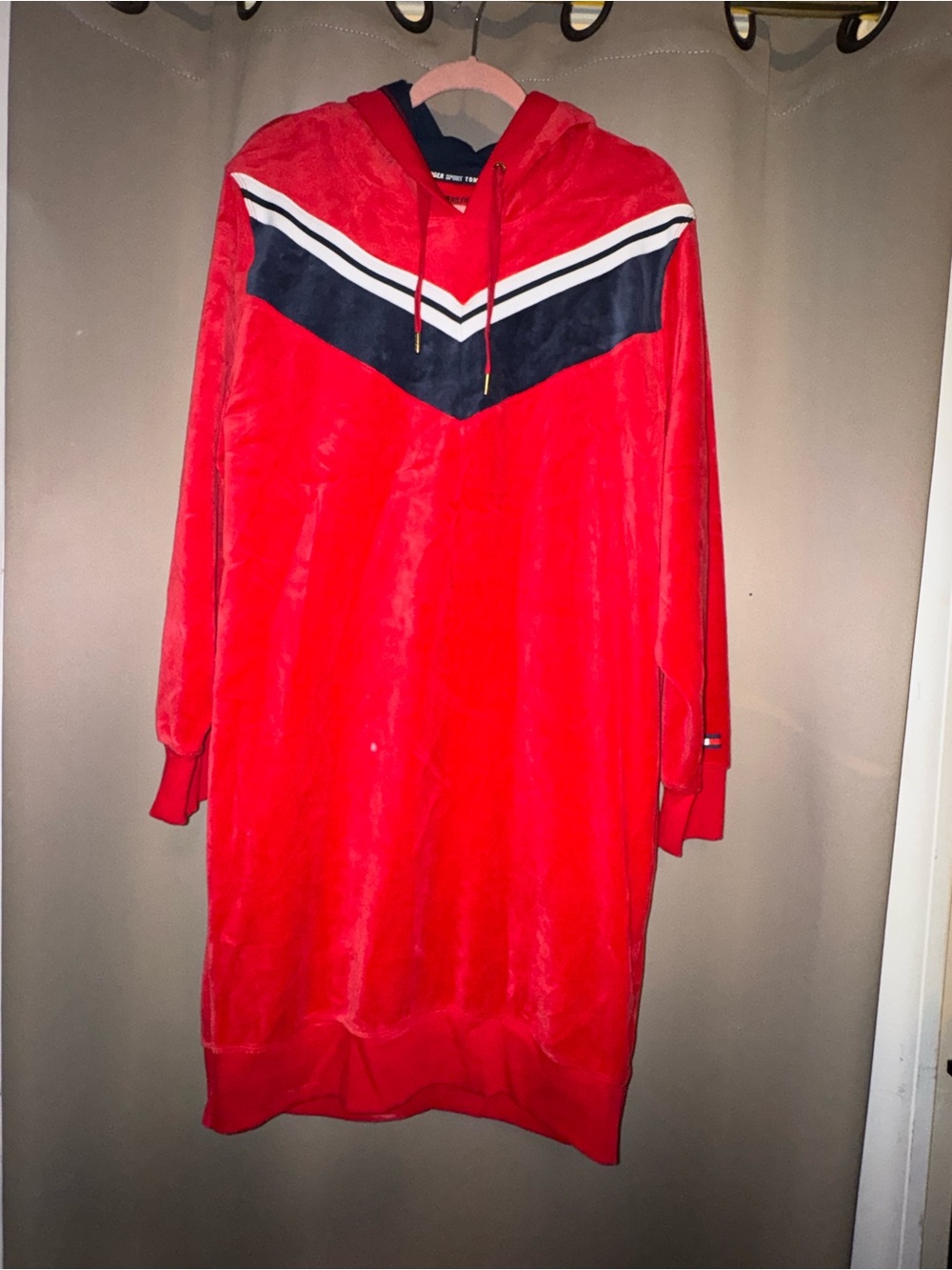 Tommy Hilfiger Red Hooded Velour Long Sleeve Dress with Navy & White Trim